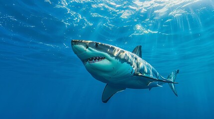 majestic great white shark swimming in crystal clear blue waters powerful underwater wildlife portrait