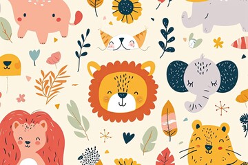Poster - a pattern of animals and flowers, Adorable vector background featuring cute cartoon animals and playful elements