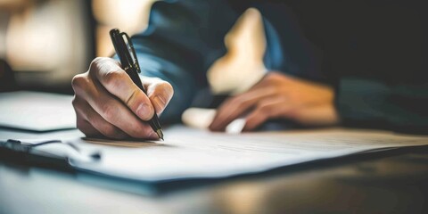 Closeup of hand and pen on office clipboard for legal compliance, application, or form. Man, lawyer, or desk documents for reading, information, or contract agreement