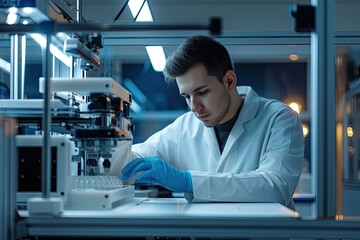 Poster - a man in a lab coat working on a machine, Factory floor with workers operating machinery