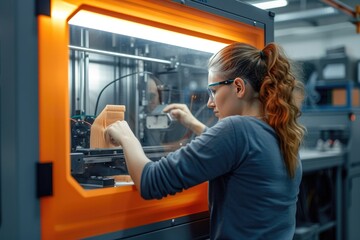 Poster - a man in a lab coat working on a machine, Factory floor with workers operating machinery