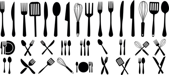 Wall Mural - kitchen utensils and cutlery icons set including knives, forks, spoons, spatulas, whisks. perfect fo