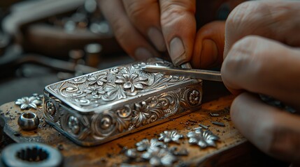 Wall Mural - A jeweler's hands engraving a piece of jewelry, using fine tools to add personalized details. Minimal and Simple style