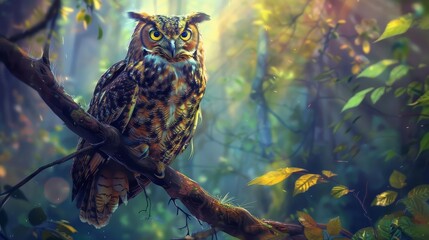 majestic owl perched on branch wise forest creature realistic digital painting
