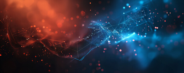 Abstract digital network background banner with glowing light and connecting data dots in blue orange and red colors. Big data technology concept.