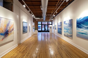 Fototapete - a large room with a lot of paintings on the walls, An art gallery showcasing contemporary paintings