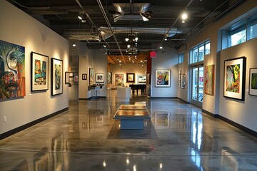 Fototapete - a large room with a lot of paintings on the walls, An art gallery showcasing contemporary paintings