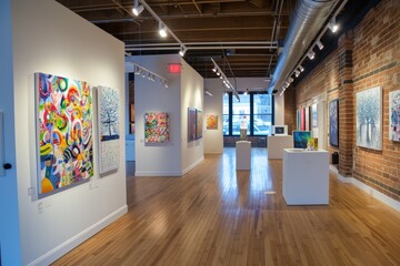 Fototapete - a large room with a lot of paintings on the walls, An art gallery showcasing contemporary paintings