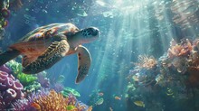 Majestic Sea Turtle Swimming Near Colorful Coral Reef Marine Life Concept Ai Generated