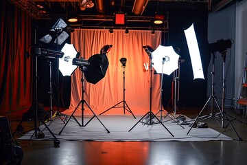 Aufkleber - a photo studio with lighting equipment and a red curtain, A studio setup with multiple light sources for a dynamic and vibrant scene