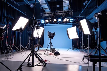 Aufkleber - a photo studio with lighting equipment and a red curtain, A studio setup with multiple light sources for a dynamic and vibrant scene