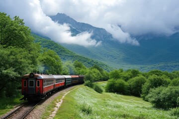 Wall Mural - a train traveling through a lush green forest, A train journey through scenic countryside