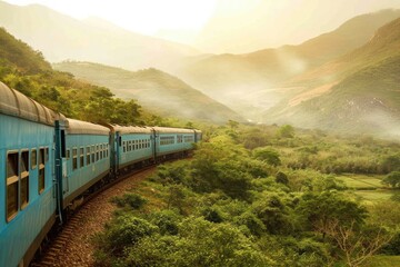 Wall Mural - a train traveling through a lush green forest, A train journey through scenic countryside