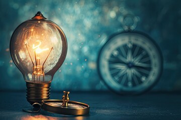 Poster - a light bulb with a glowing star inside, A double exposure blending city lights with star trails
