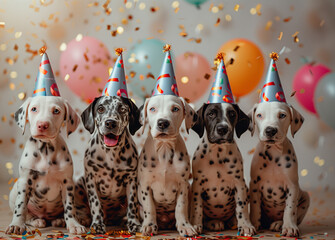 Wall Mural - Group of dalmatian puppies are wearing birthday hats. 