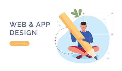 Man making redesign. Guy character with big pencil creating redesigning website, content illustrator ux designer creation ui visual application graphic project vector illustration