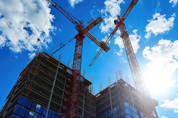 Poster - a crane is standing on a building under construction, Construction site with cranes erecting a modern skyscraper