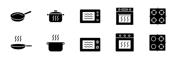 Cook solid icon. Cooktop, oven, pot, pan, microwave vector icon set. Cook, kitchen silhouette icons collection