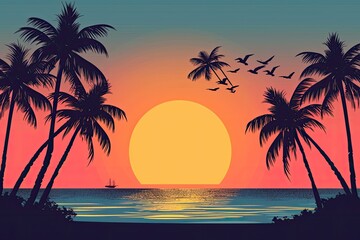 a sunset with palm trees and the ocean, Design a minimalist beach sunset with silhouettes of palm trees