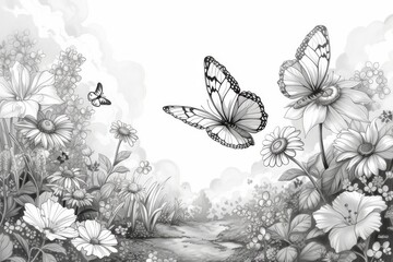 Poster - a drawing of a garden with butterflies and flowers, Illustrate a peaceful and serene natural setting