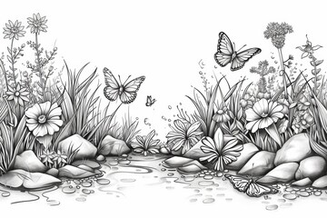 Poster - a drawing of a garden with butterflies and flowers, Illustrate a peaceful and serene natural setting