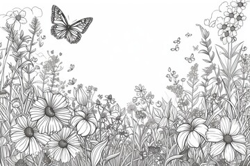 Poster - a drawing of a garden with butterflies and flowers, Illustrate a peaceful and serene natural setting