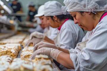 Poster - a group of women working in a bakery, Factory workers packaging freshly baked goods