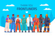 © ssstocker - Essential workers. Frontline professional worker teamwork, hero work occupation people group in service job uniform police healthcare delivery plumber, recent vector illustration