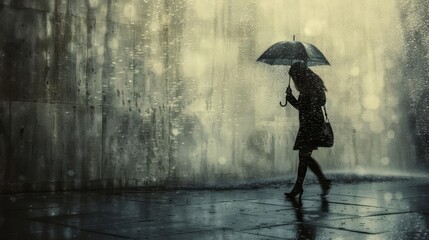 Wall Mural - melancholic portrait of woman walking in the rain evoking a sense of solitude and introspection fine art photography