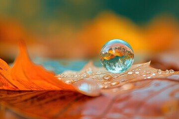 Aufkleber - a close up of a leaf with a water drop, The delicate touch of a bubble landing on a leaf