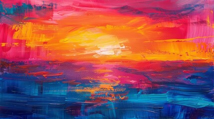 mesmerizing ocean sunset abstract painting with vibrant brushstrokes and copy space