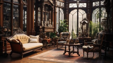 Poster - a room with a lot of furniture and a lot of windows, Victorian-style room with antique furniture and a large bay window