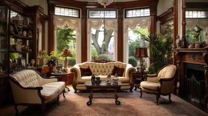 Poster - a room with a lot of furniture and a lot of windows, Victorian-style room with antique furniture and a large bay window