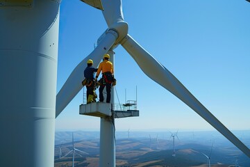 Poster - two men are standing on a wind turbine, two men are standing on a wind turbine, two men are standing on a wind turbine, Workers maintaining wind turbines in a wind farm