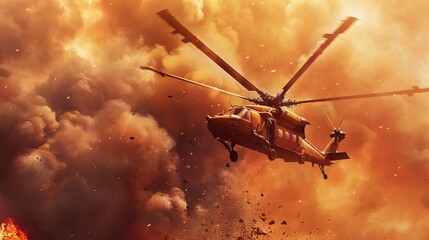 Wall Mural - military helicopter flying through flames and smoke in desert warzone dramatic action scene wide poster design with copy space