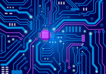 Poster - Motherboard pcb background. Circuit board texture, computer digital system blueprint, processor microchip electrical pcb ai sci-fi futuristic technology, neat vector illustration