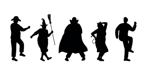 Wall Mural - Halloween Party. Silhouettes of People in Halloween Costumes. People dance. People Silhouettes. Black on White. Vector illustration