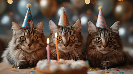 Wall Mural - Group of tabby furry cats celebrating Birthday party with cake and candles.