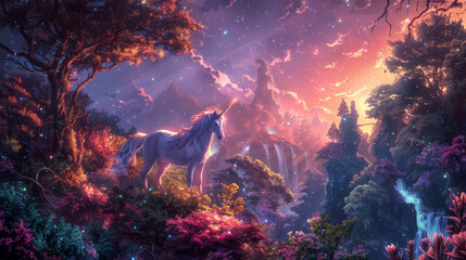 fantasy background of a unicorn in a magic forest