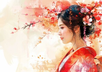 Wall Mural - An illustration of a beautiful Asian woman in a red kimono with cherry blossoms in her hair