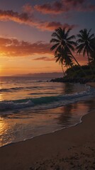 Wall Mural - Serene coastal view featuring palm trees against a vibrant sunset.