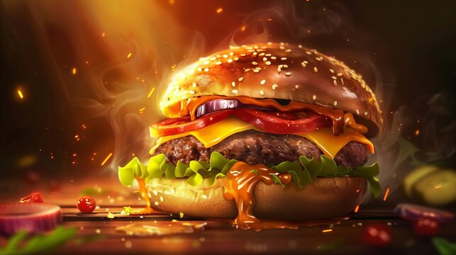 mouthwatering gourmet burger with juicy meat melted cheese fresh vegetables appetizing fast food digital illustration