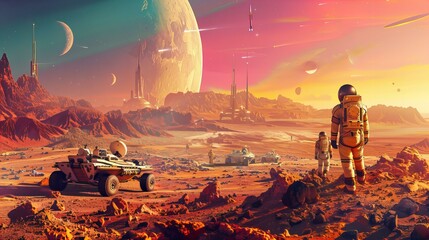 A captivating scene of astronauts exploring the rugged terrain of a distant planet with advanced rovers under a mesmerizing sky filled with planets and stars