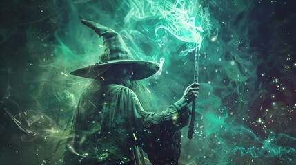 mysterious magician portrait with glowing magic wand aigenerated fantasy art