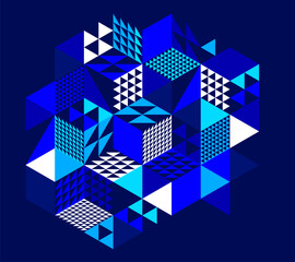 Wall Mural - Dark blue vector abstract geometric background with cubes and different rhythmic shapes, isometric 3D abstraction art displaying city buildings forms look like, op art.