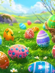 Sticker - Easter eggs are scattered on a grassy meadow in the background, 2D game art style