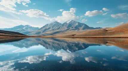 Wall Mural - Minimalist Serenity: Commercial Photography of Lakeside Farm and Mountain