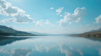 Wall Mural - Minimalist Serenity: Commercial Photography of Lakeside Farm and Mountain