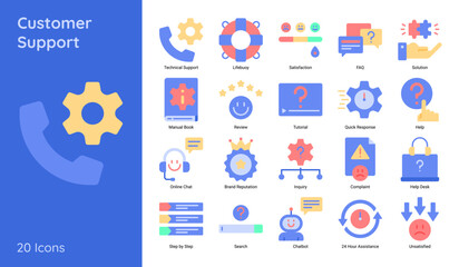 Customer support flat style icon collection. Set of support icon vector symbol contain such technical support, satisfaction, review and more