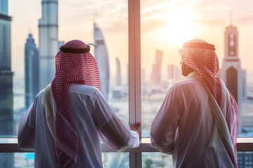 Saudi Arabian businessmen meeting to discuss a project, standing in front of large glass windows and looking at buildings.